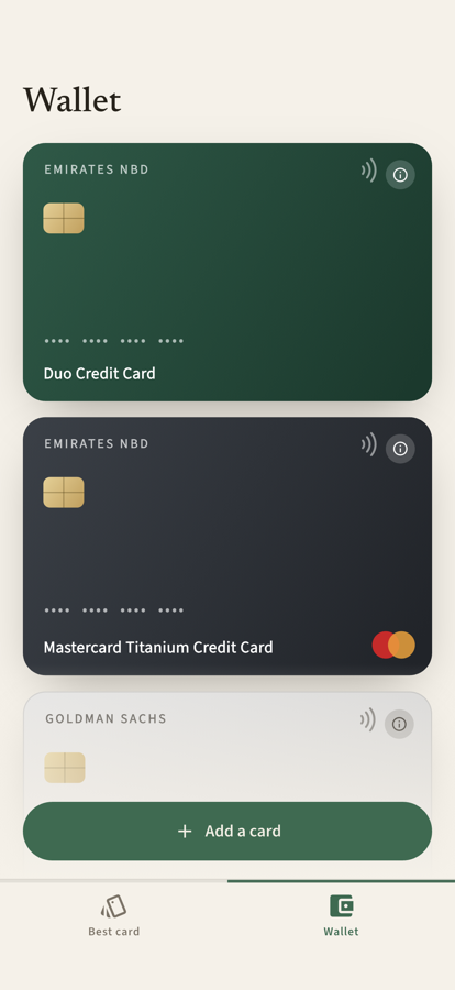 Wallet screen with three credit cards